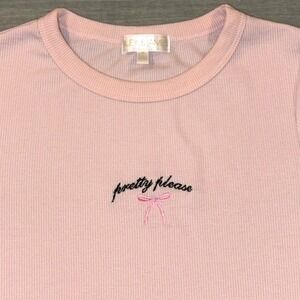Riley James Ribbed T-Shirt Pretty Please Pink Bow Embroidered Top Short Sleeve S